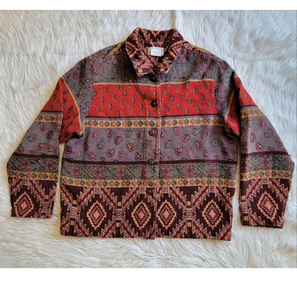 Touch O Blue VTG Tapestry Shirt Jacket XL Womens Shoulder Pads Made USA